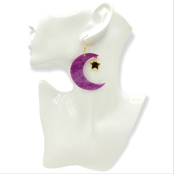 Crescent Moon & Black Cat Earrings - Picture 3 of 3
